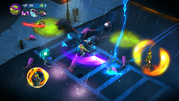 As tartarugas ninja em combate contra um chefe mutante semelhante a um rato e seus lacaios em uma rua chuvosa, com explosões de cores e habilidades ativas.