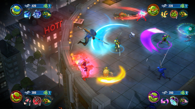 Batalha no telhado da cidade em Teenage Mutant Ninja Turtles: Splintered Fate, com as tartarugas ninja executando ataques aéreos e habilidades especiais contra inimigos.