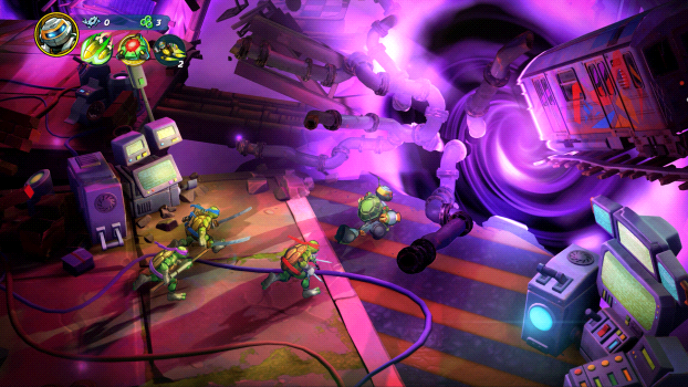 Cena de gameplay de Teenage Mutant Ninja Turtles: Splintered Fate, com as quatro tartarugas ninja enfrentando um portal de energia roxa no cenário de metrô destruído.